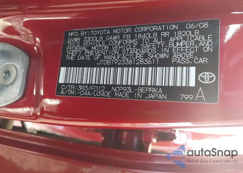 2008 Toyota Yaris z USA, uszkodzony, nr VIN JTDBT923381283611